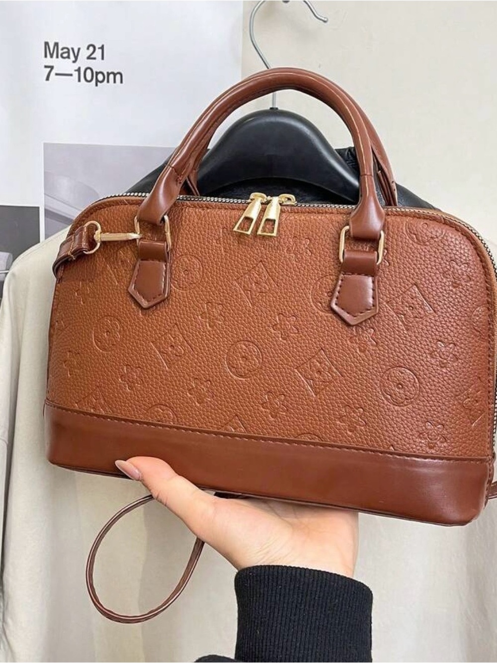 Brown Embossed Top-Handle Women's Medium Handbag Bag